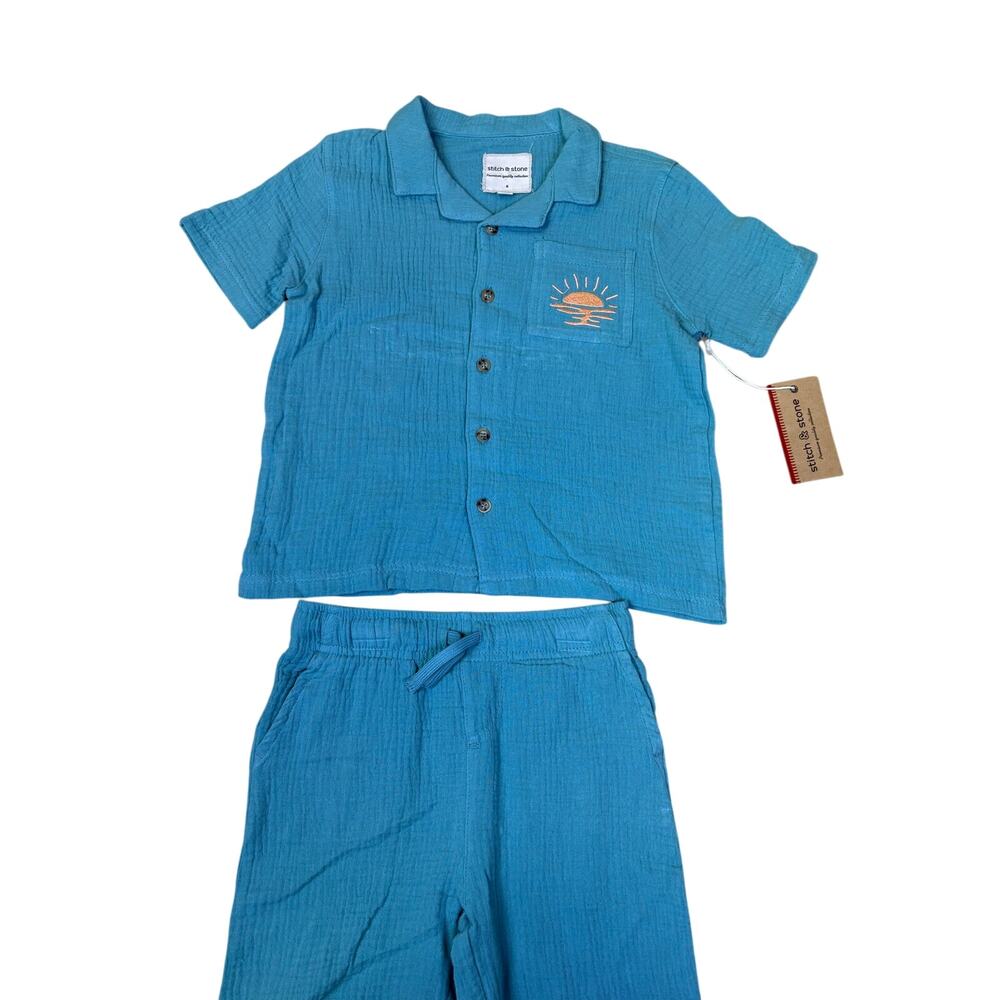 Boys 2 Piece Outfit Set Button Up Shirt Shorts Blue Size 6 Stitch & Stone NWT